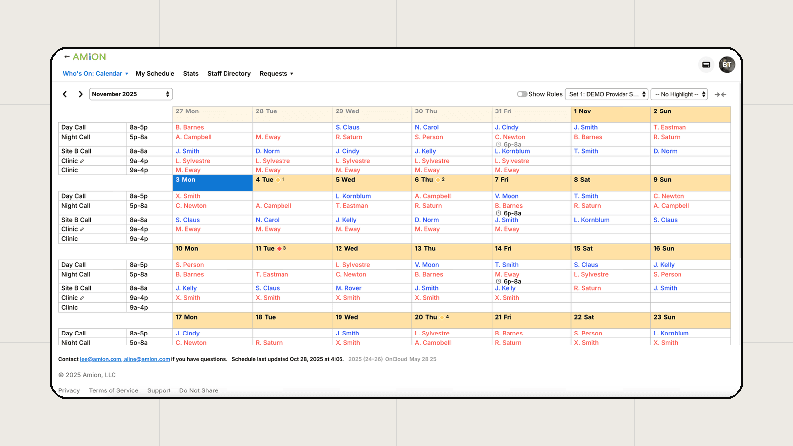 Amion Who's On calendar showing day call, night call, and clinic assignments for a month
