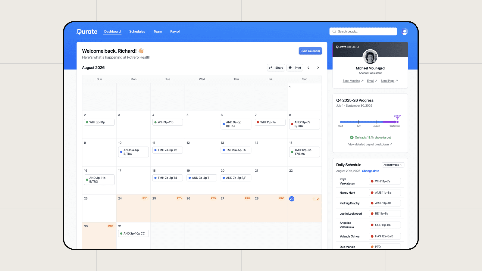 Durate dashboard showing a provider's August 2026 schedule across three sites, quarterly hours against target, and the day's coverage list