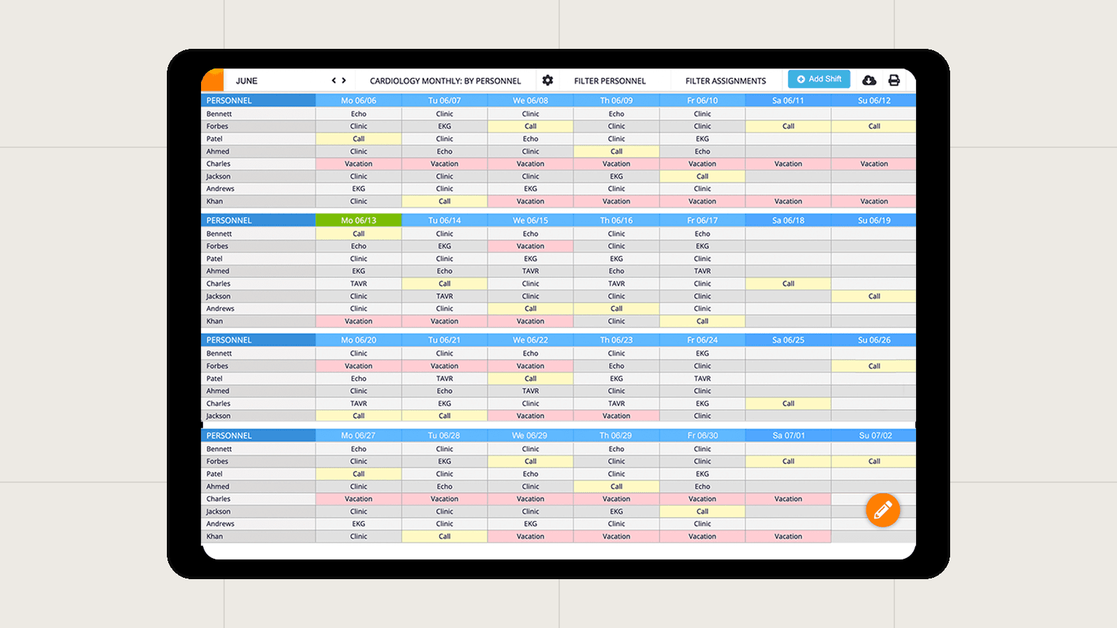 Lightning Bolt schedule viewer showing a color-coded monthly grid of assignments by personnel