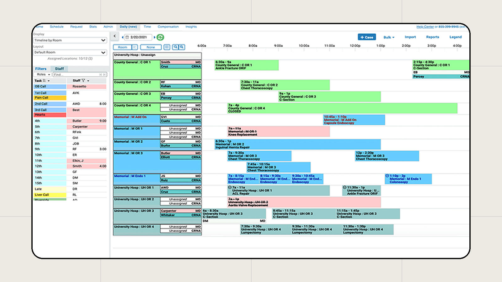 QGenda scheduling view showing a timeline of OR assignments by room across three hospitals