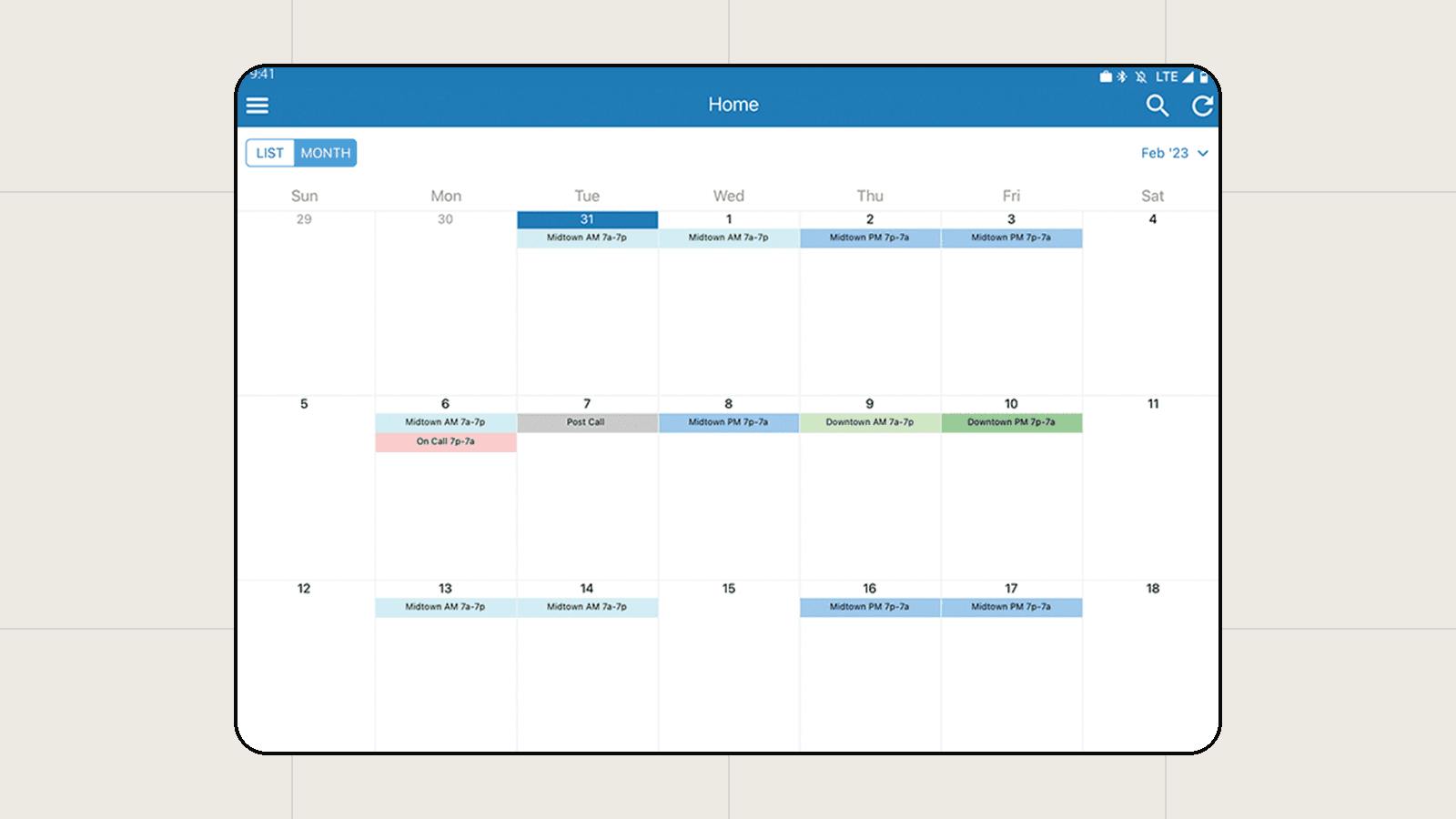 ShiftAdmin schedule view showing a month of color-coded shifts